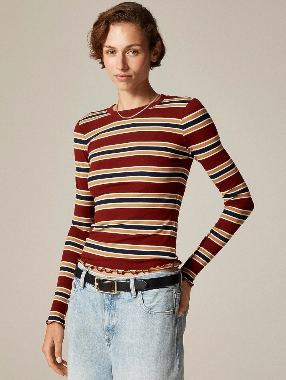 J. Crew Refined Rib Long-Sleeve T-shirt with button cuffs - Striped Bordeaux